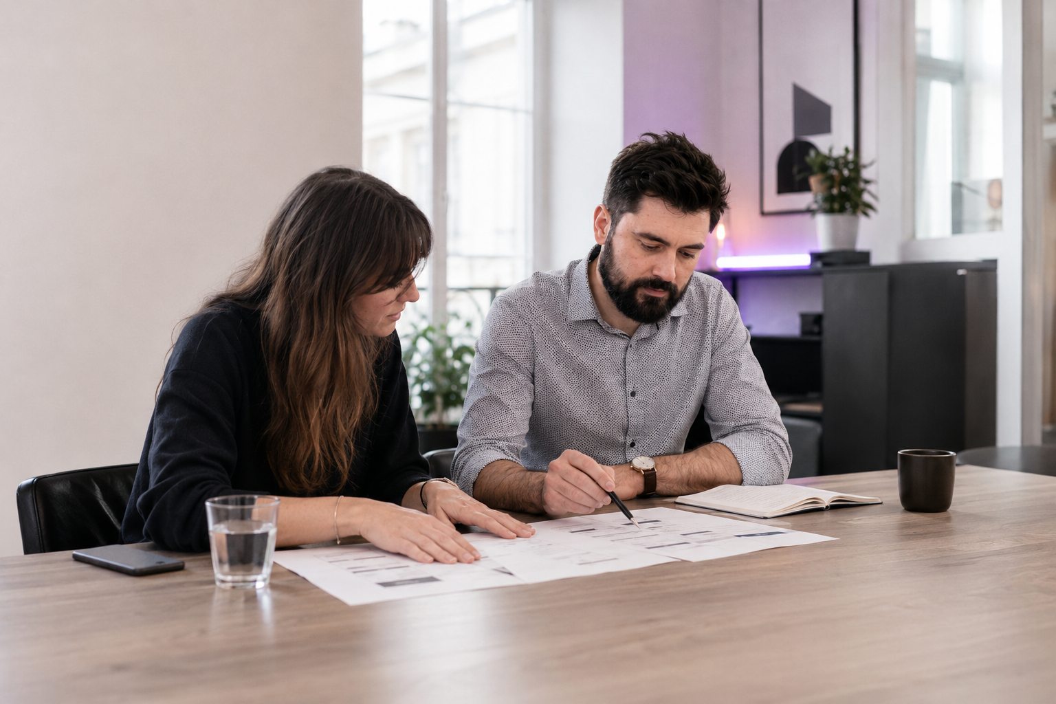 Kévin Barré et une collaboratrice travaillant sur des documents de projet