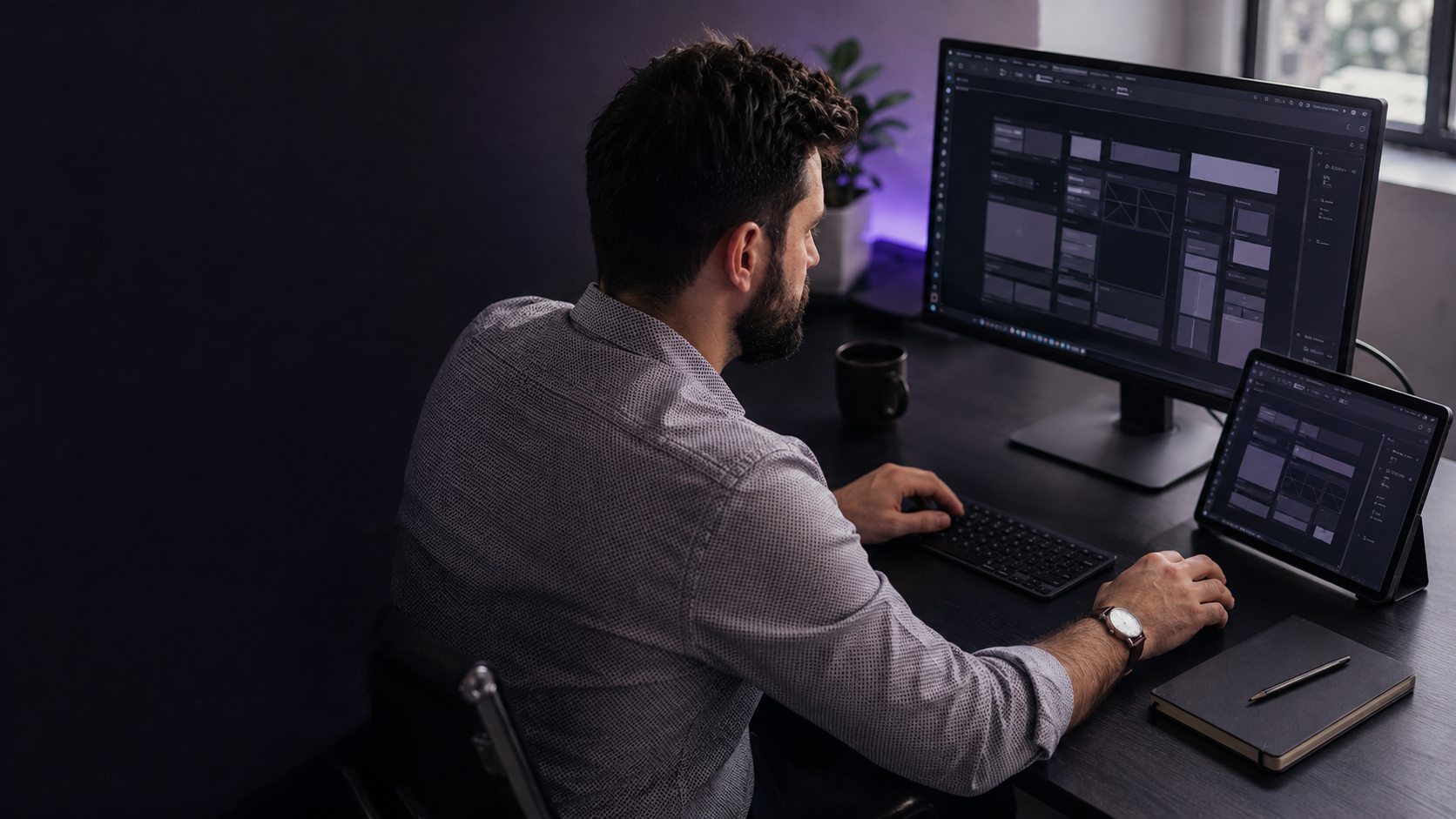 Kévin Barré conçoit une interface Web sur ses écrans
